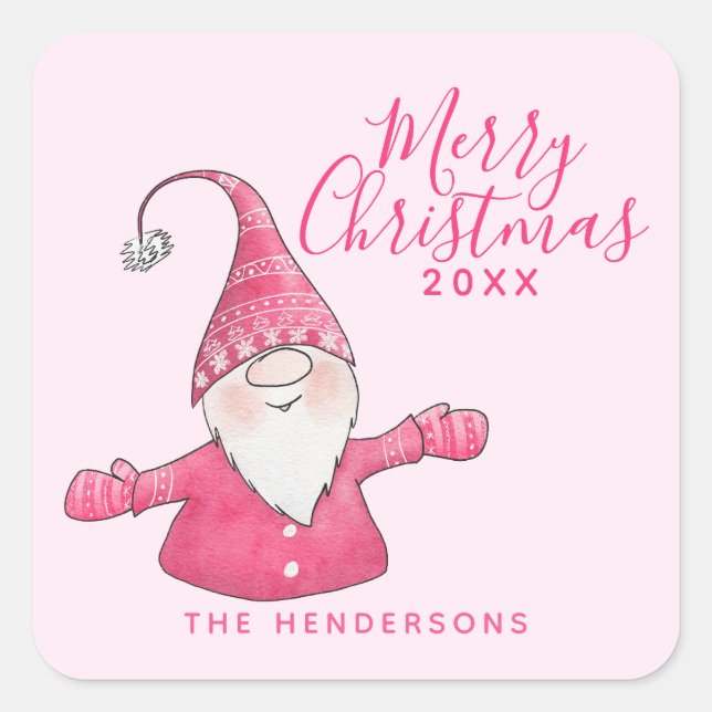 Pegatina Cuadrada Festividad Personalizado de Gnome Rosa Cute Gnome  (Anverso)