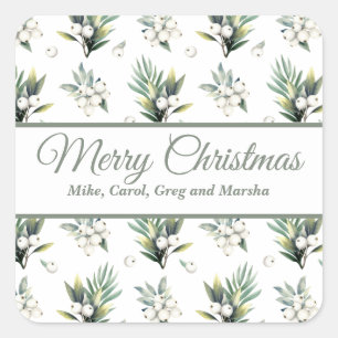 Pegatina Cuadrada Festividad Personalizado Floral Verde Y Blanca nav