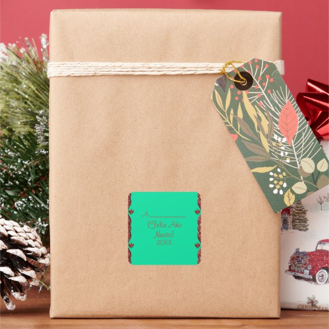 Pegatina Cuadrada Festividad Rectangular personalizada Rojo y Verde (Vacaciones)