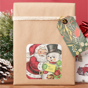Pegatina Cuadrada festividad retro vintage de Santa snowman