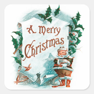 Pegatina Cuadrada Festividad Retro Vintage Navidad Guay Santa Saludo