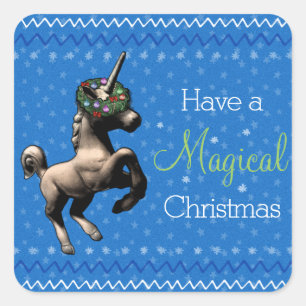Pegatina Cuadrada Festividad unicornio "Navidades mágicos" (azul)