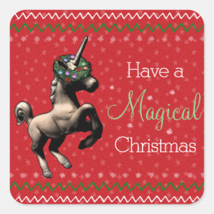 Pegatina Cuadrada Festividad Unicornio "Navidades mágicos" (rojo)