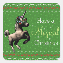 Pegatina Cuadrada Festividad unicornio "Navidades mágicos" (verde)