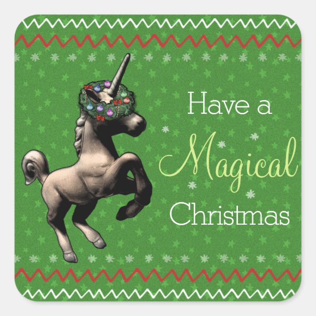 Pegatina Cuadrada Festividad unicornio "Navidades mágicos" (verde) (Anverso)