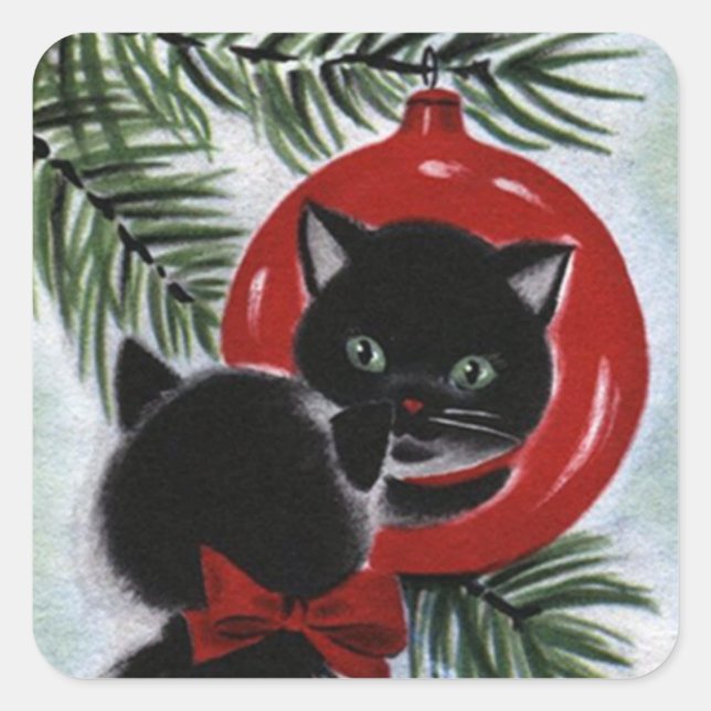 Pegatina Cuadrada Festividades de Navidades de gato negro (Anverso)
