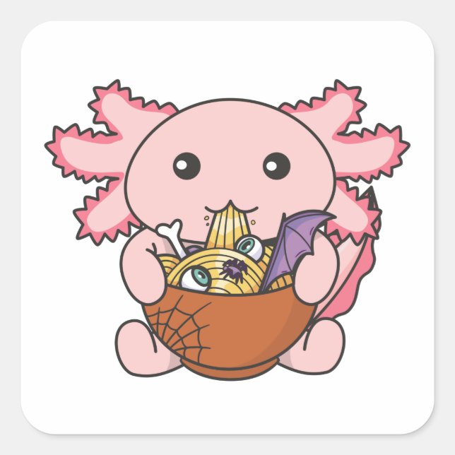 Pegatina Cuadrada Fideos Japoneses Noodles Halloween Axolotl Ramen (Anverso)