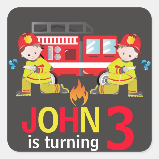 Pegatina Cuadrada Fiebre de cumpleaños del camión de bomberos (Anverso)