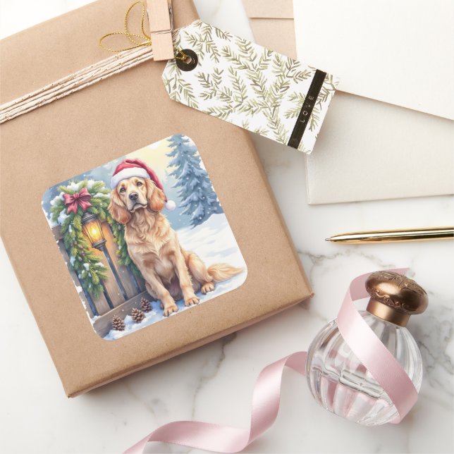 Pegatina Cuadrada Field Spaniel Snowy Fence Santa Hat Christmas Art (Regalar)