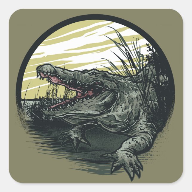 Pegatina Cuadrada Fierce Alligator Swamp Illustration Art (Anverso)