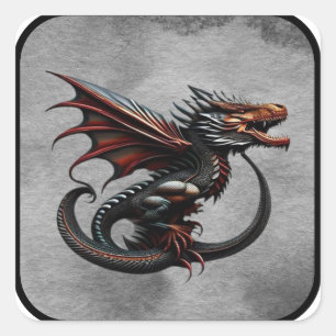 Pegatina Cuadrada Fiero Dragón Negro Alado Rojo