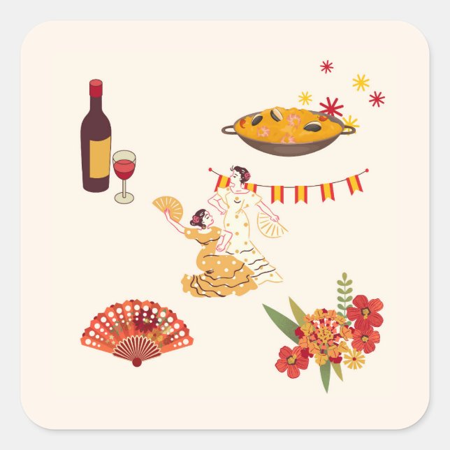 Pegatina Cuadrada Fiesta al Estilo Español (Anverso)