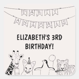 Pegatina Cuadrada Fiesta Animales fiesta de cumpleaños de niños dibu