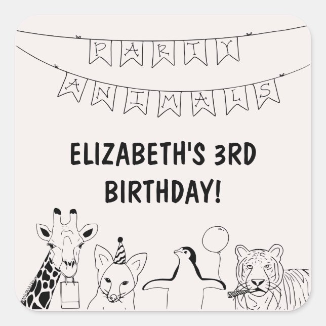 Pegatina Cuadrada Fiesta Animales fiesta de cumpleaños de niños dibu (Anverso)