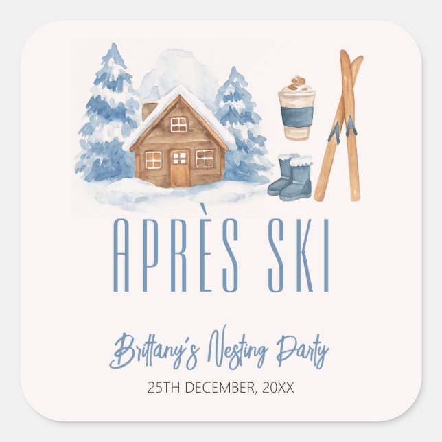 Pegatina Cuadrada Fiesta Apres Ski Baby Shower Winter Nesting (Anverso)
