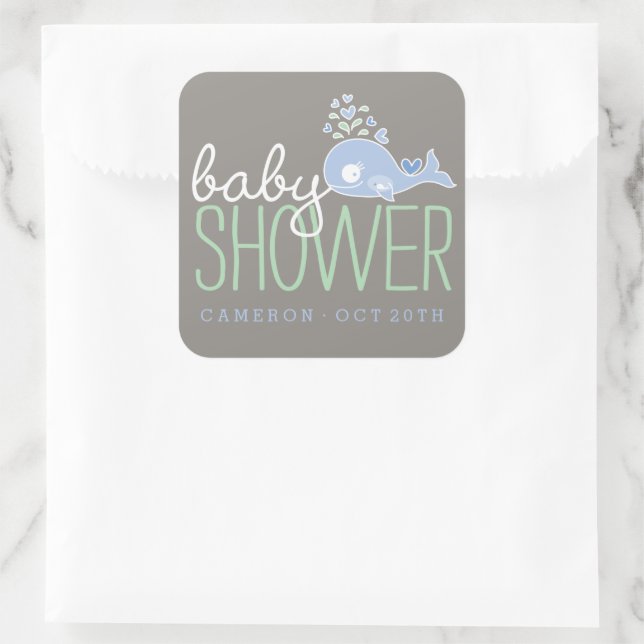 Pegatina Cuadrada Fiesta Baby Shower de mamá embarazada azul Whale B (Bolso)