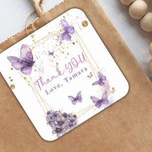 Pegatina Cuadrada Fiesta Baby Shower Floral Mariposa Purple Gold