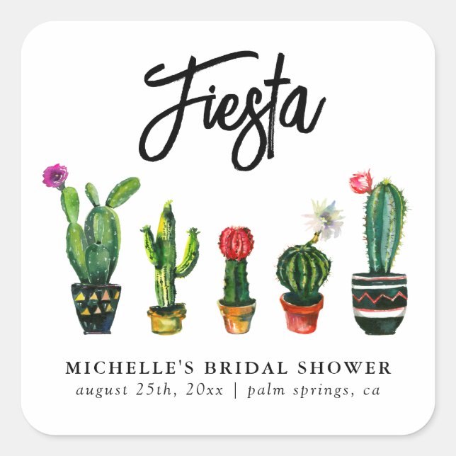 Pegatina Cuadrada Fiesta Cactus Bridal Shower (Anverso)