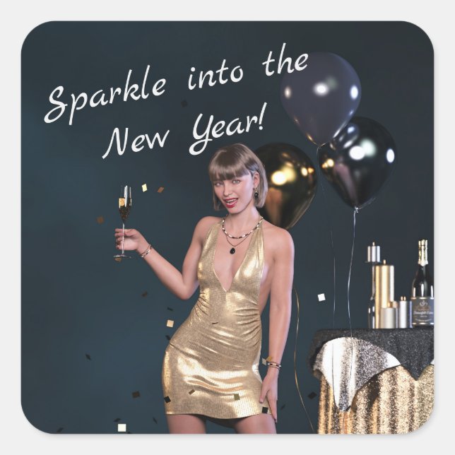 Pegatina Cuadrada Fiesta Chica de Año Nuevo con vestimenta secuencia (Anverso)