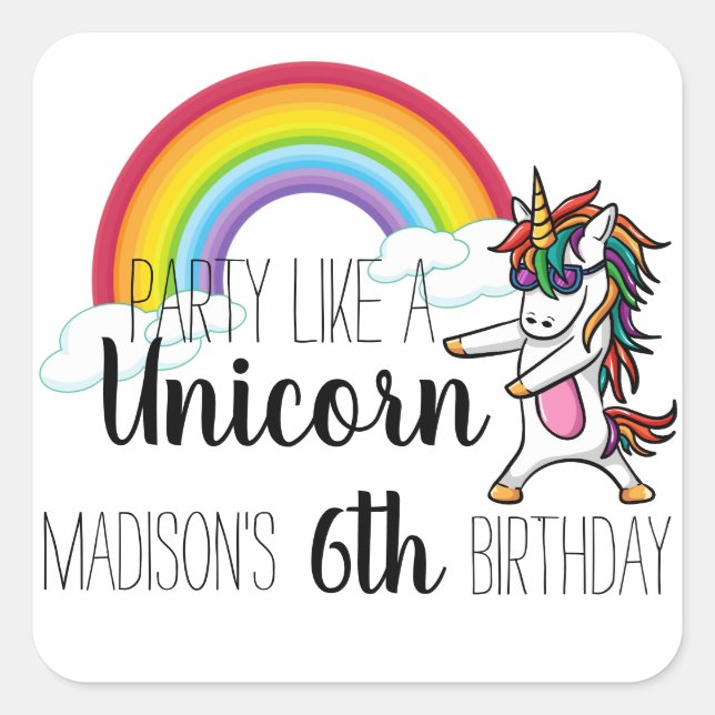 Pegatina Cuadrada Fiesta Como Un Cumpleaños De Unicornio (Anverso)