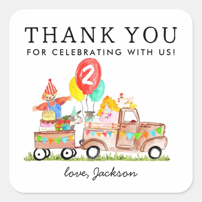 Pegatina Cuadrada Fiesta Cute Animales Camión Niños Granja (Anverso)