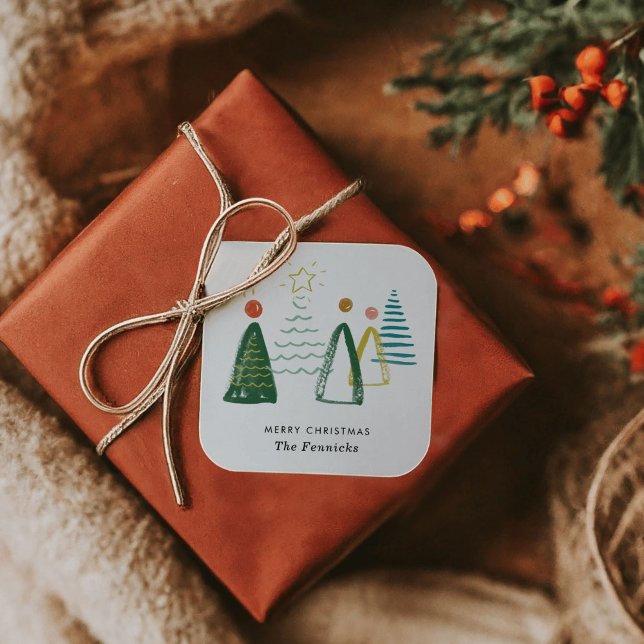 Pegatina Cuadrada Fiesta de acuarela moderna navideña (Classic Festive Colors Simple Modern Watercolor Christmas Trees Holiday Stickers)