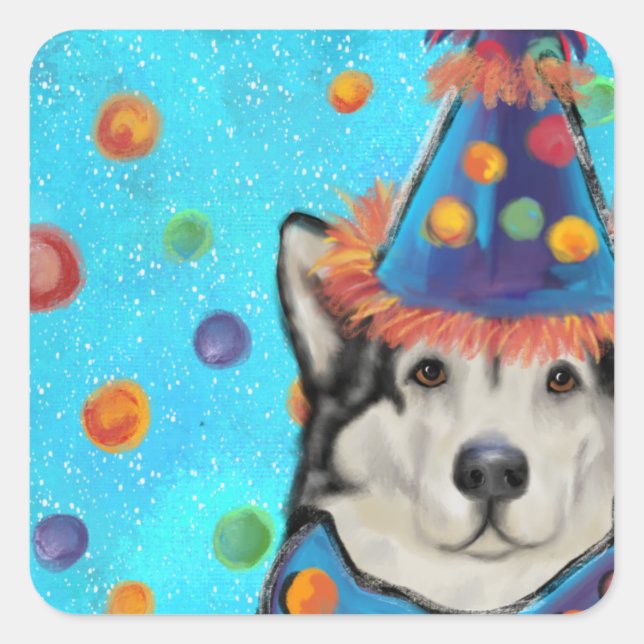Pegatina Cuadrada Fiesta de Alaskan Malamute  (Anverso)