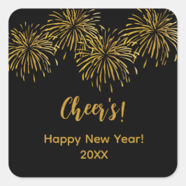 Pegatina Cuadrada Fiesta de Año Nuevo Feliz Oro Negro