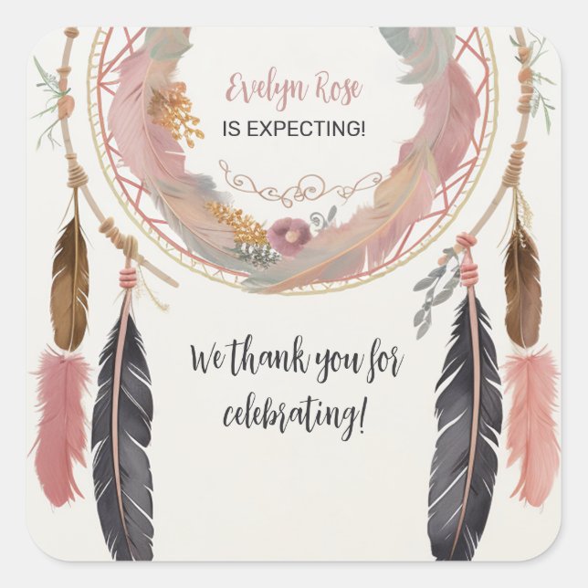 Pegatina Cuadrada Fiesta de Baby Shower Cute Boho Dreamcatcher (Anverso)