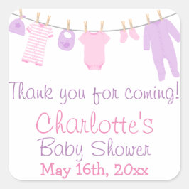 Pegatina Cuadrada Fiesta de Baby Shower rosa y morado