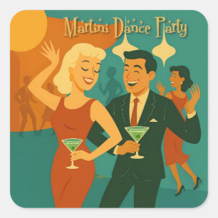 Pegatina Cuadrada Fiesta de Baile Martini de Mitad de Siglo