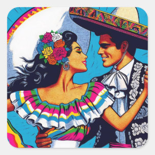 Pegatina Cuadrada Fiesta de Baile Mexicano Retro Folklórico