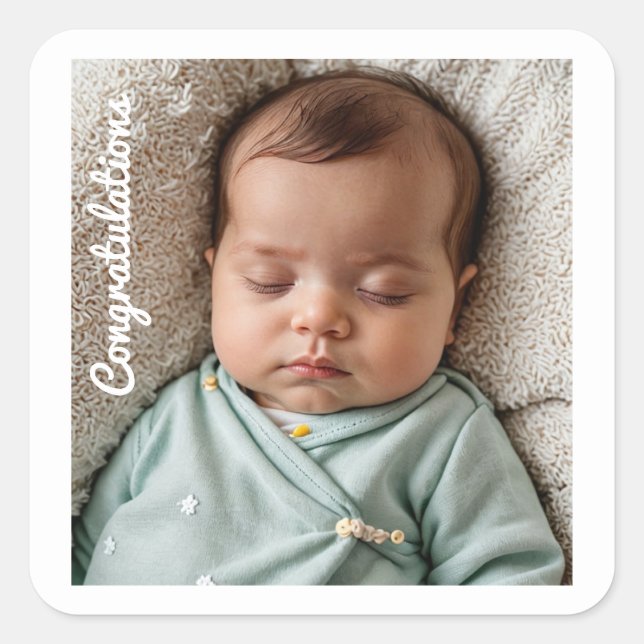 Pegatina Cuadrada fiesta de bebé felicitaciones sorba y vea (Anverso)