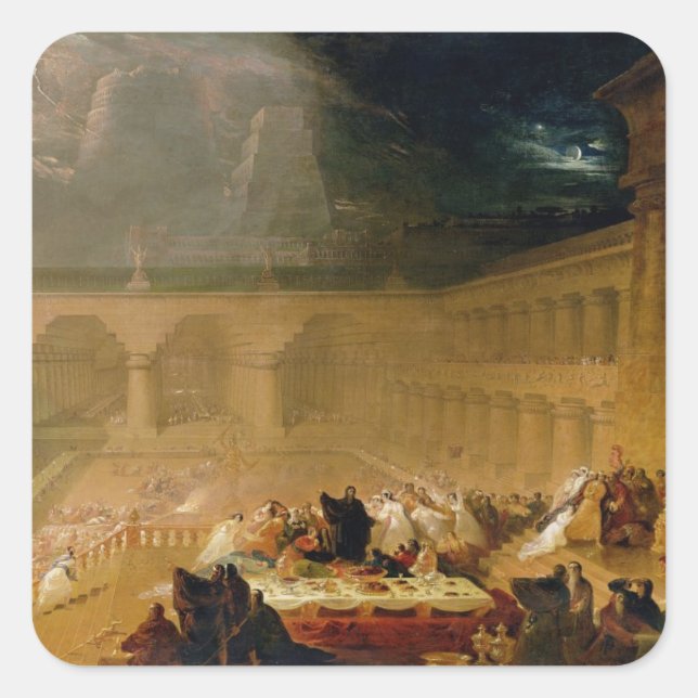 Pegatina Cuadrada Fiesta de Belshazzar (aceite en lienzo) (Anverso)