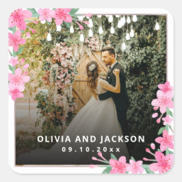 Pegatina Cuadrada Fiesta de bienvenida boda del marco dorado con flo