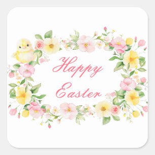 Pegatina Cuadrada Fiesta de búsqueda de huevos de Pascua con flores
