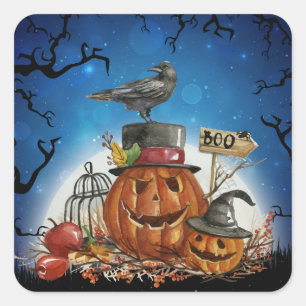 Pegatina Cuadrada Fiesta de calabaza de Halloween Raven