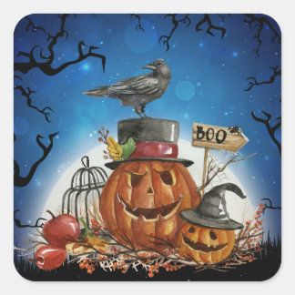 Pegatina Cuadrada Fiesta de calabaza de Halloween Raven