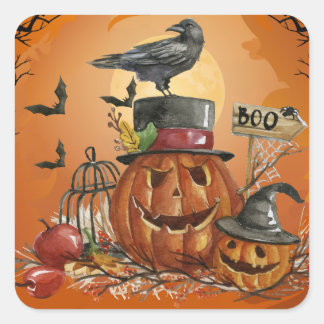 Pegatina Cuadrada Fiesta de calabaza de Halloween Raven