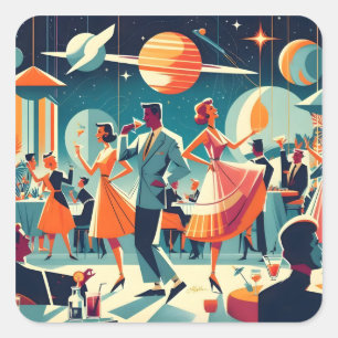 Pegatina Cuadrada Fiesta de Cóctel de la Era Espacial de Mitad de Si
