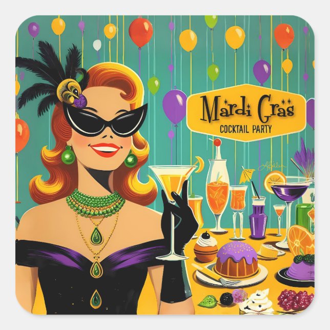 Pegatina Cuadrada Fiesta de cóctel Retro 50s Mardi Gras Martini (Anverso)