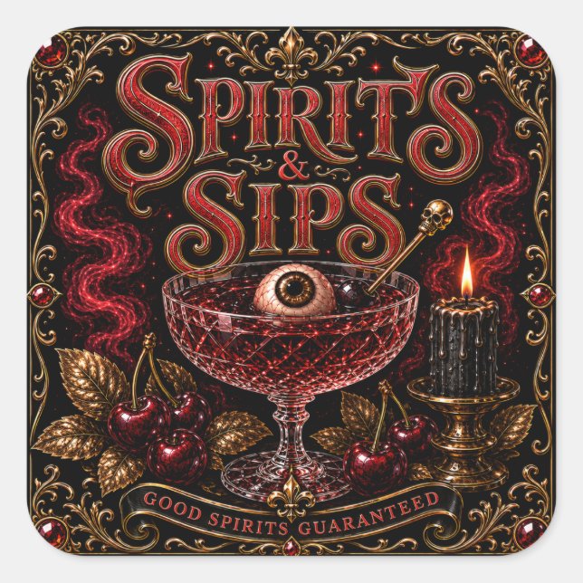 Pegatina Cuadrada Fiesta de Cócteles de Halloween Spirits & Sips (Anverso)
