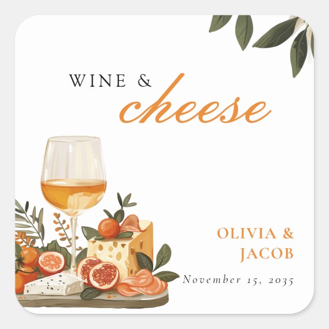 Pegatina Cuadrada Fiesta de compromiso con vino y queso (Anverso)
