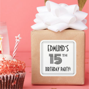 Pegatina Cuadrada Fiesta de cumpleaños 15: estilo Art Deco + nombre