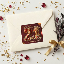 Pegatina Cuadrada Fiesta de Cumpleaños 21 Años con Rubí Rojo Oro de