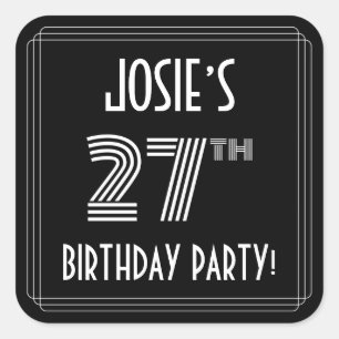 Pegatina Cuadrada Fiesta de cumpleaños 27: Estilo Art Deco y nombre 