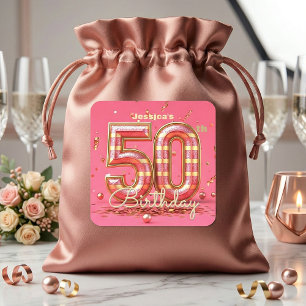 Pegatina Cuadrada Fiesta de cumpleaños 50 glamurosa con brillo rosa