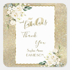 Pegatina Cuadrada Fiesta de Cumpleaños 50 y Fabuloso Flores Blancas