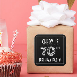 Pegatina Cuadrada Fiesta de cumpleaños 70: Estilo Art Deco y nombre 