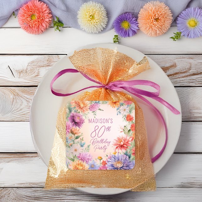 Pegatina Cuadrada Fiesta de cumpleaños 80 Boho Aster Flores Floral (Boho Aster Flowers Floral 80th Birthday Party Square Stickers - Favors | Envelope Seals)